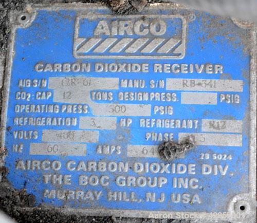 Used Airco Industrial Gases Horizontal Liquid Carbon Dioxide Storage Tank, Carbon Steel. 12 Ton CO2 capacity (24,000#), operating pressure 300 psig. Insulated,  R12 refrigerant. Mounted on a carbon s...