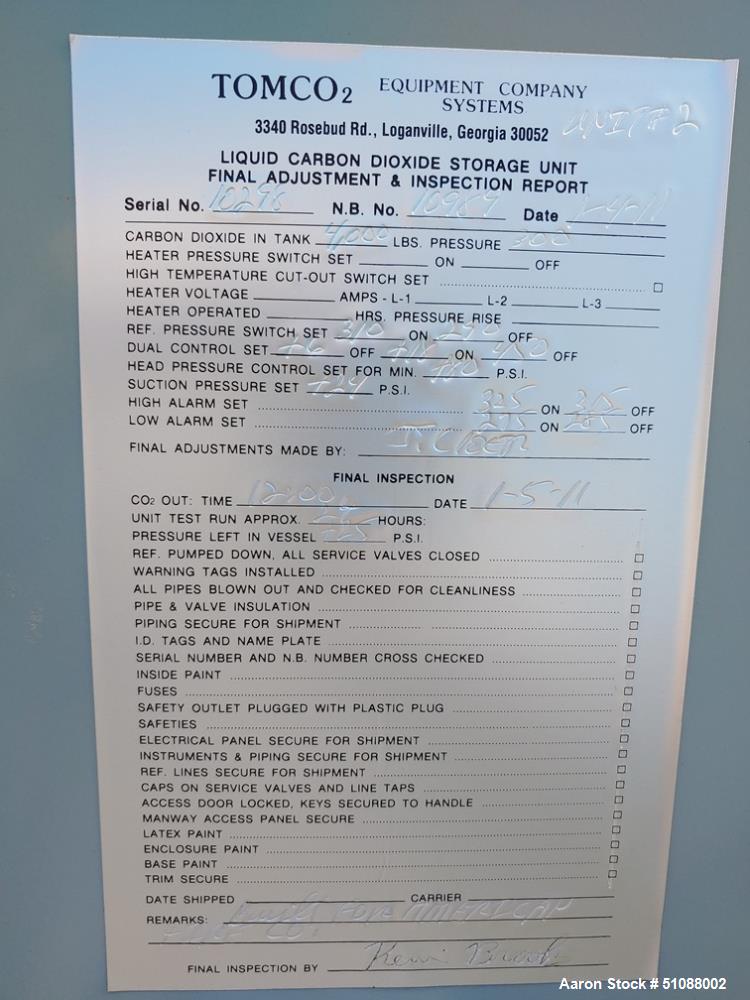 Used- Tomco Liquid Carbon Dioxide Storage Cryo Tank.