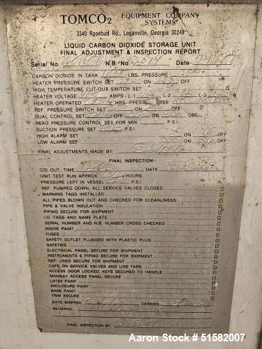 Used Tomco 2675 CA 26 Ton CO2 Storage Tank – 52,000 lb Capacity, 350 PSIG