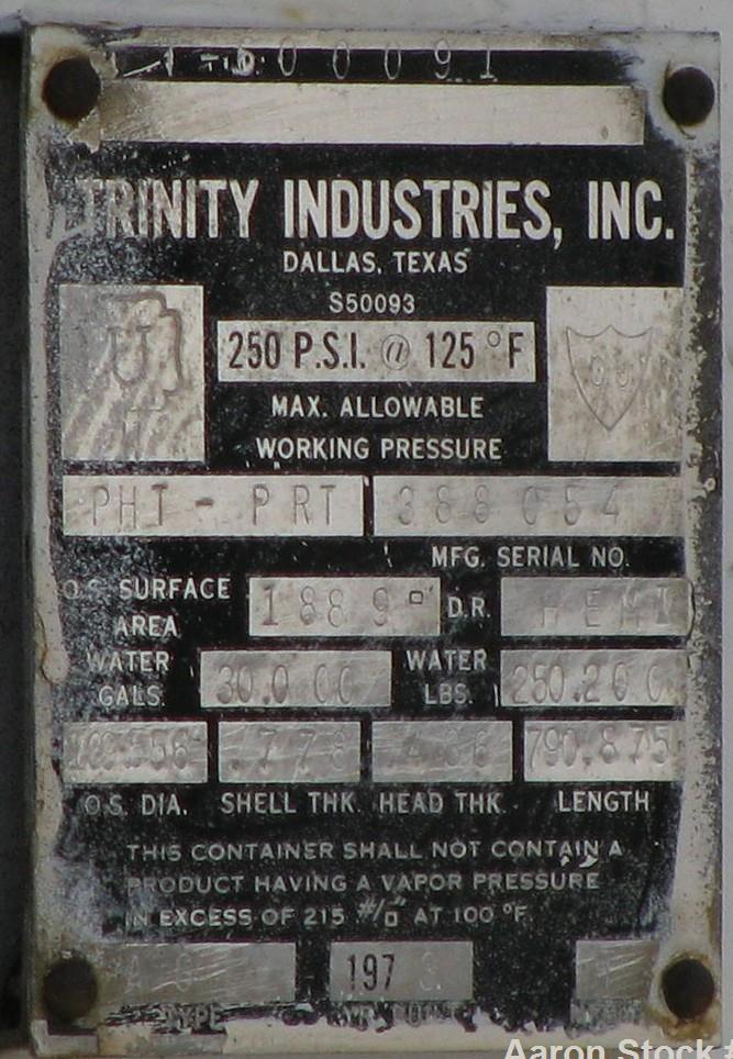 Used Trinity Industries Propane Tank, 30,000 gallon, carbon steel. Concrete saddles.