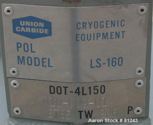 Used Union Carbide Cryogenic Nitrogen Tank, 42 Gallon, Model LS-160, Carbon Steel, Vertical. Approximately 18" diameter x 36" straight side. Dished top and bottom.