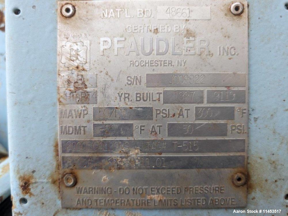 Used 2,000 Gallon Pfaudler Glass Lined Vertical Chemstore Receiver Tank