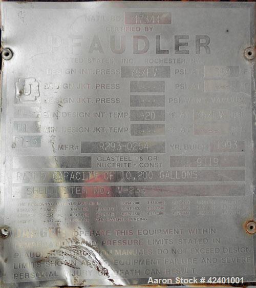 Used Pfaudler Glass Lined Chemstor Pressure Tank, 10,200 gallon, model CV-126-10200, 9119 blue glass, vertical. 126" Diameter x 168" straight side, dish top and bottom. Internal rated 75/FV at -20 to...