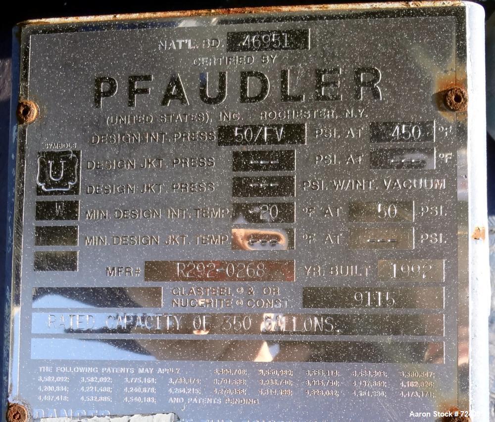 Used Pfaudler Glass Lined Receiver Tank, 350 Gallon, Model CVC48-350-50, 9115 Blue Glass, Vertical. 48" Diameter x 38" straight side, dished top and bottom. Internal Rated 50psi/Full Vacuum at 450 de...