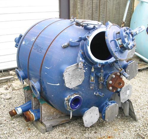Used Pfaudler Glass Lined Receiver Tank, 350 Gallon, Model CVC48-350-50, 9115 Blue Glass, Vertical. 48" Diameter x 38" straight side, dished top and bottom. Internal Rated 50psi/Full Vacuum at 450 de...
