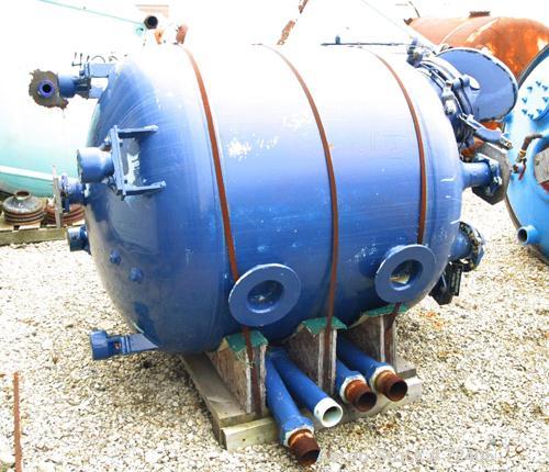 Used Pfaudler Glass Lined Receiver Tank, 350 Gallon, Model CVC48-350-50, 9115 Blue Glass, Vertical. 48" Diameter x 38" straight side, dished top and bottom. Internal Rated 50psi/Full Vacuum at 450 de...