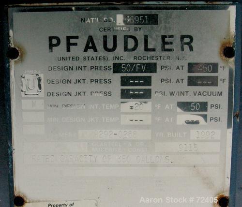 Used Pfaudler Glass Lined Receiver Tank, 350 Gallon, Model CVC48-350-50, 9115 Blue Glass, Vertical. 48" Diameter x 38" straight side, dished top and bottom. Internal Rated 50psi/Full Vacuum at 450 de...