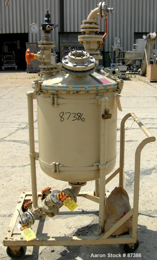 Used Pfaudler Glass Lined Pressure Tank, 50 Gallons, Vertical. 24" Diameter x 24" straight side. Dish bolt on top, dish bottom. Internal rated 150 psi/FV at -20 to 450 deg F. Openings: top (3) 2", 3"...