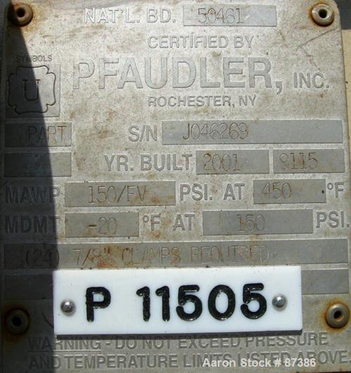 Used Pfaudler Glass Lined Pressure Tank, 50 Gallons, Vertical. 24" Diameter x 24" straight side. Dish bolt on top, dish bottom. Internal rated 150 psi/FV at -20 to 450 deg F. Openings: top (3) 2", 3"...