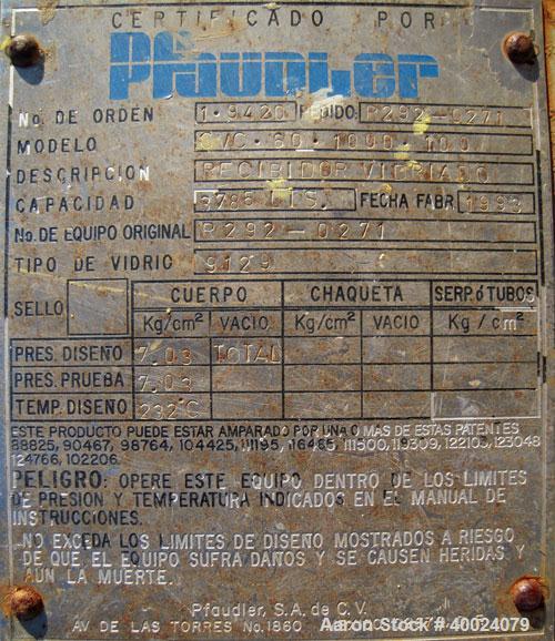 Used 1000 gallon Pfaudler Glass Lined Reciever, Model VC60-1000