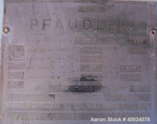 Used Pfaudler Glass Lined Reciever, 200 gallon, 9125 white glass. Internal rated 100 psi and full vacuum at 450 deg F. Clamp top, dish bottom. Serial #R293-0753, National Board #47238, built 1993.