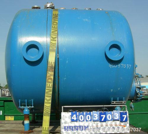 Used: Pfaudler glass lined tank, 2000 gallon, 9114 blue glass, horizontal. Approximately 84" diameter x 6' straight side, dished heads. Internal rated 35/fv at 450 deg.f.. Openings top (3) 3",(3)4"4"...