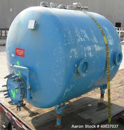 Used: Pfaudler glass lined tank, 2000 gallon, 9114 blue glass, horizontal. Approximately 84" diameter x 6' straight side, dished heads. Internal rated 35/fv at 450 deg.f.. Openings top (3) 3",(3)4"4"...
