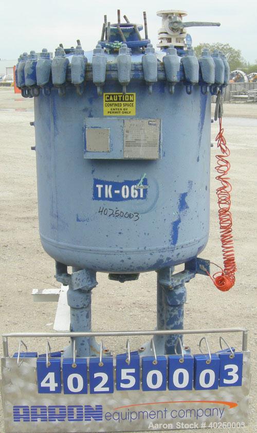 Used Pfaudler glass lined receiver tank, 100 gallon, type 9115 glass, vertical. Approximate 32" diameter x 28" straight side. Dish top with bolt-down cover, dish bottom. Internal rated 25/FV @ 450 de...