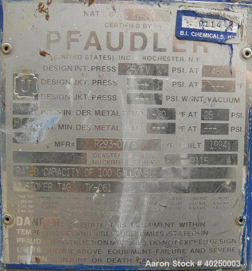 Used Pfaudler glass lined receiver tank, 100 gallon, type 9115 glass, vertical. Approximate 32" diameter x 28" straight side. Dish top with bolt-down cover, dish bottom. Internal rated 25/FV @ 450 de...