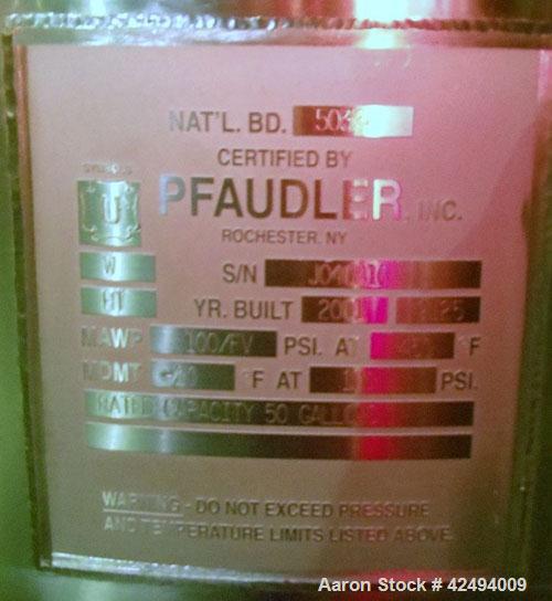 Used Pfaudler Glass Lined Receiver, 50 Gallon. Flat top, coned bottom. Internal rated 100 psi & FV at 450 degrees F.. 9125 Glass, stainless steel exterior. Mounted on legs. Built 2001.