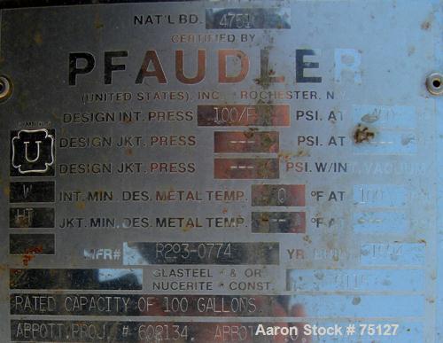 USED: Pfaudler glass lined receiver tank, 100 gallon, 9115 glass, vertical. Approximately 32" diameter x 26" straight side. Hemi bolt-on top, dish bottom. Internal rated 100 psi/FV at 450 deg F. Open...