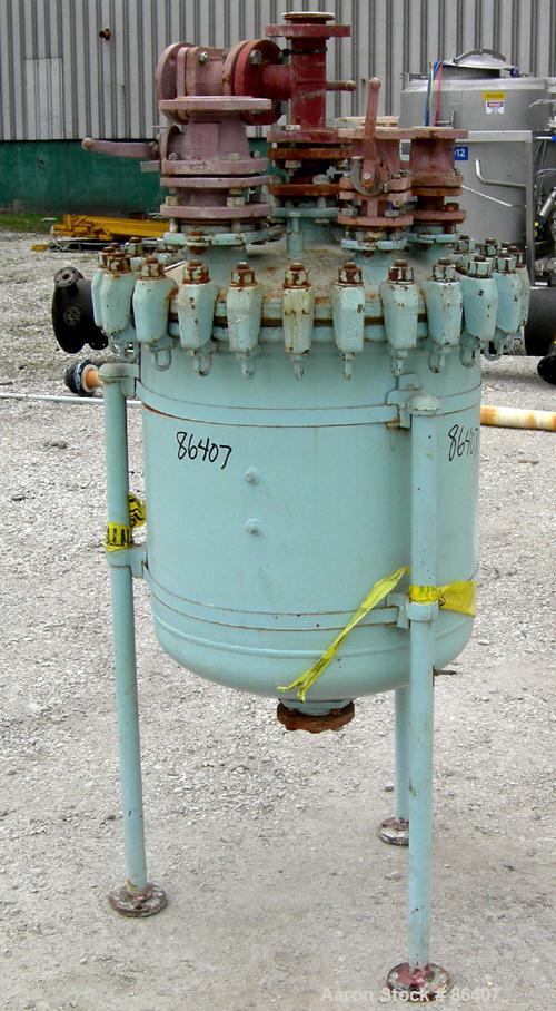 Used Pfaudler Glass Lined Receiver Tank, 50 Gallon, 9115 Glass, Vertical. Approximately 24" diameter x 23" straight side. Dish bolt-on top, dish bottom. Internal rated 150 PSI/FV at 450 Degrees F. Op...