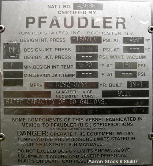 Used Pfaudler Glass Lined Receiver Tank, 50 Gallon, 9115 Glass, Vertical. Approximately 24" diameter x 23" straight side. Dish bolt-on top, dish bottom. Internal rated 150 PSI/FV at 450 Degrees F. Op...