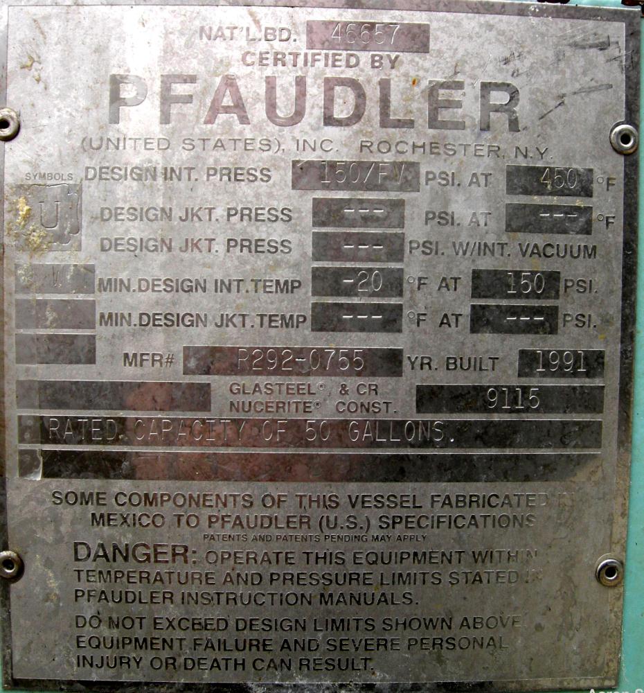 Used 50 Gallon Pfaudler Glass Lined Receiver Tank