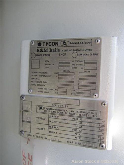 Used Tycon Glass Lined Receiver, 500 Gallon, 808 Glass, Vertical. 48" Diameter x 4'6" straight side, removable dished top, dished bottom. Internal rated 100 psi and full vacuum at 302 degrees F. 24" ...