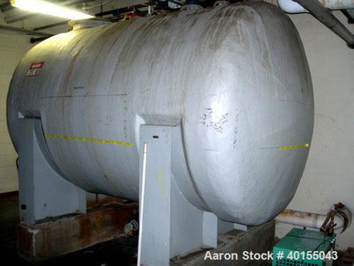 Used: Tank, 2,500 gallon, fiberglass, horizontal. Approximate 78" diameter x 102" long. Dished ends. Top manway, center bottom outlet. Mounted on carbon steel saddles.