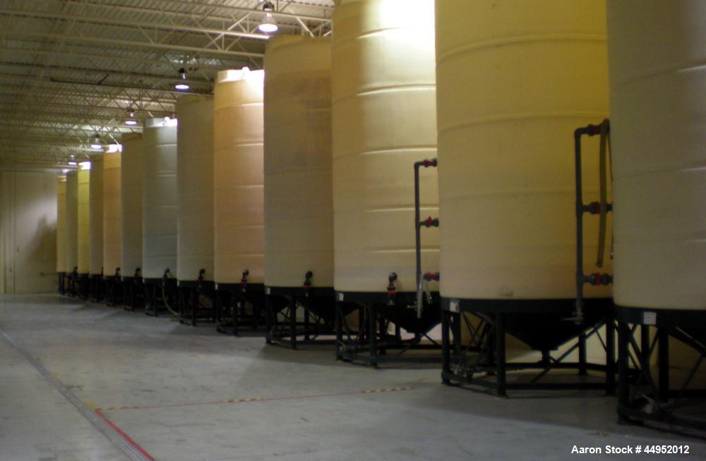 Used Plastic Tank, 6,000 Gallon, Vertical.  102" Diameter x 195" high, cone bottom, dome top, 30" twist off manway cover, 3" outlet.  Tank is for food grade material, on metal frame.