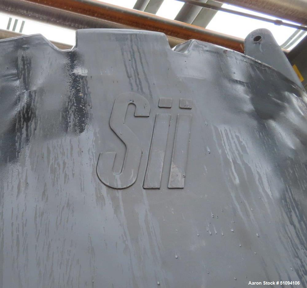 Used SII Snyder Polypropylene Tank, 3000 Gallon, Vertical. Approximate 90" diameter x 108" straight side, dished top, flat bottom. Top man way, side bottom outlet. Serial# 1308279258. ** This will no...