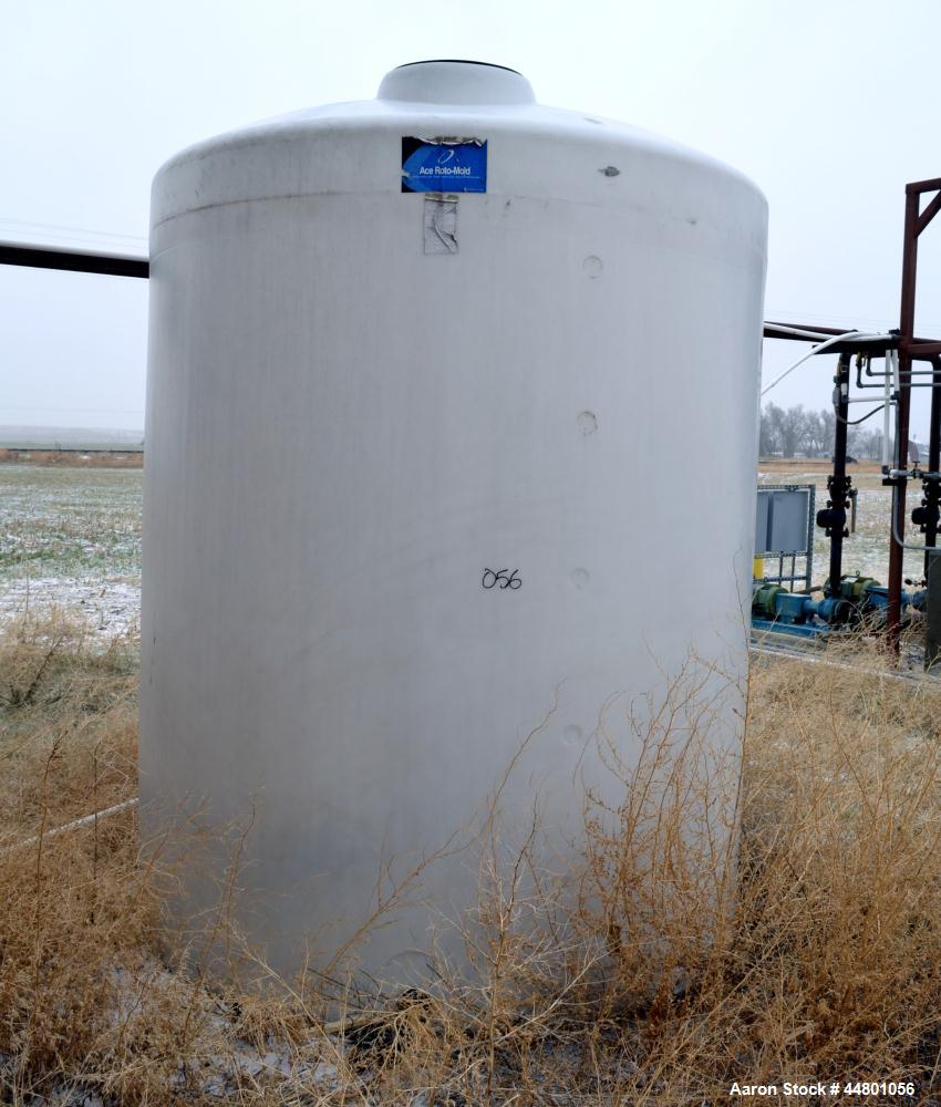 Used Ace Roto Mold Polypropylene Tank, Approximately 3000 Gallon, Vertical. Approximately 84" diameter x 104" straight side, dished top, flat bottom, side bottom outlet.