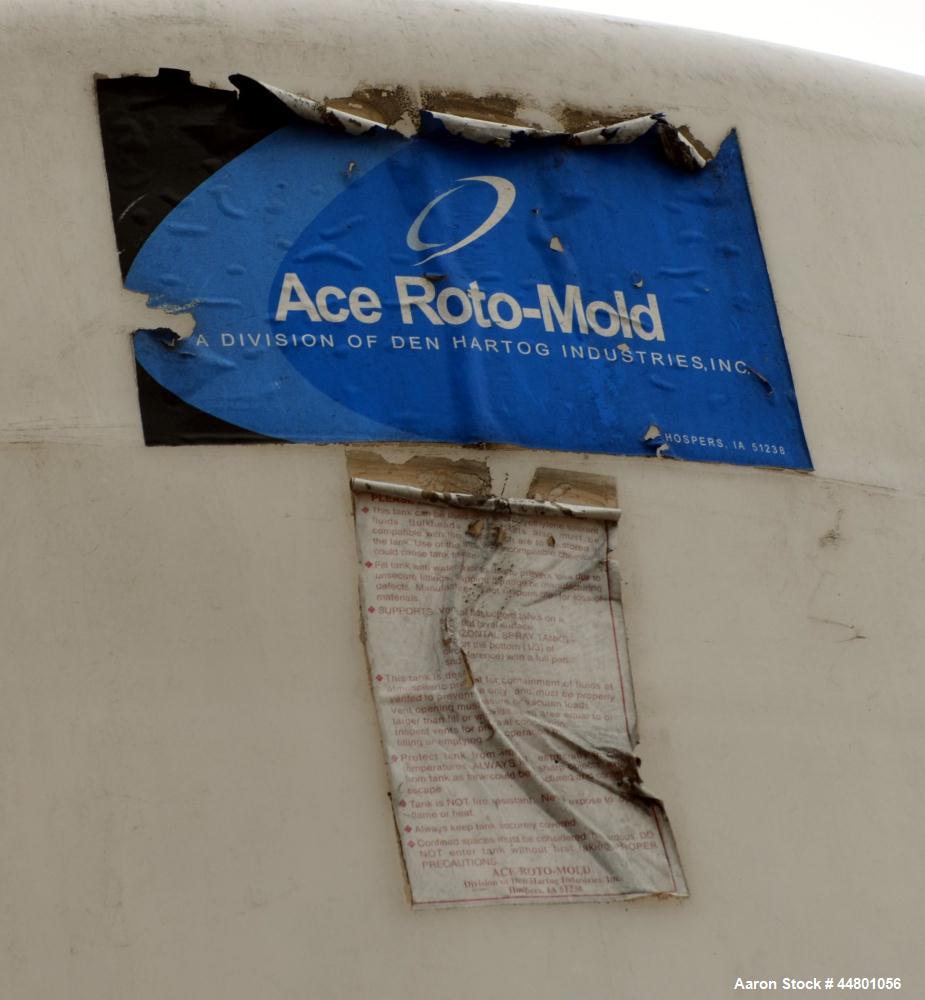 Used Ace Roto Mold Polypropylene Tank, Approximately 3000 Gallon, Vertical. Approximately 84" diameter x 104" straight side, dished top, flat bottom, side bottom outlet.