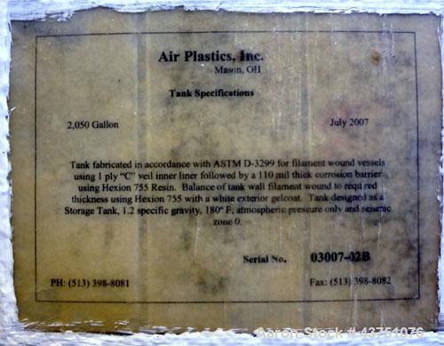 Used Air Plastics Fiberglass Storage Tank, 2050 Gallons, Vertical. Approximate 84" diameter x 80" straight side, dished top and bottom. Fabricated in accordance with ASTM D-3299, filament wound vesse...