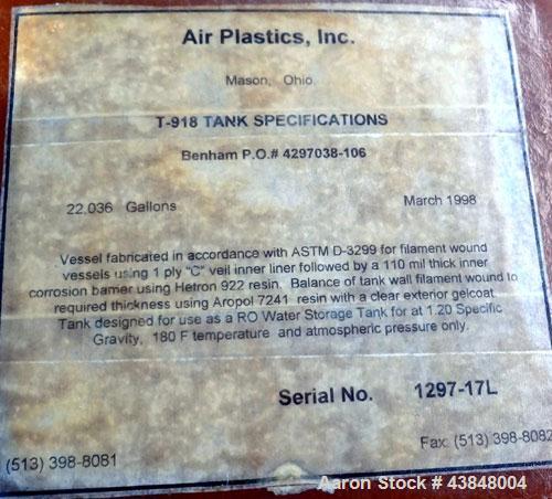 Used Air Plastics Fiberglass Storage Tank, 22036 Gallons, Vertical. Approximately 132" diameter x 364" straight side, dished top, flat bottom. Fabricated in accordance with ASTM D-3299, filament woun...