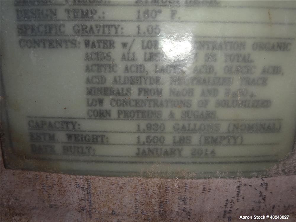 Used Augusta Fiberglass Tank, 1,930 Gallon, Vertical.