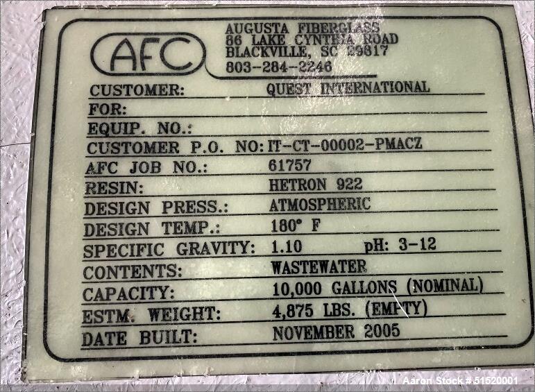 Used Augusta Fiberglass 10,000 Gallon Fiberglass Tank