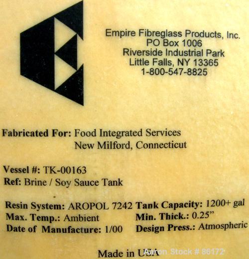 Used Empire Tank, 1200 Gallon, Fiberglass, Vertical. Approximate 84" diameter x 48" straight side. Dish top and bottom. Openings: top 2", 3", 24" manway with bolt down cover; 3" center bottom outlet....