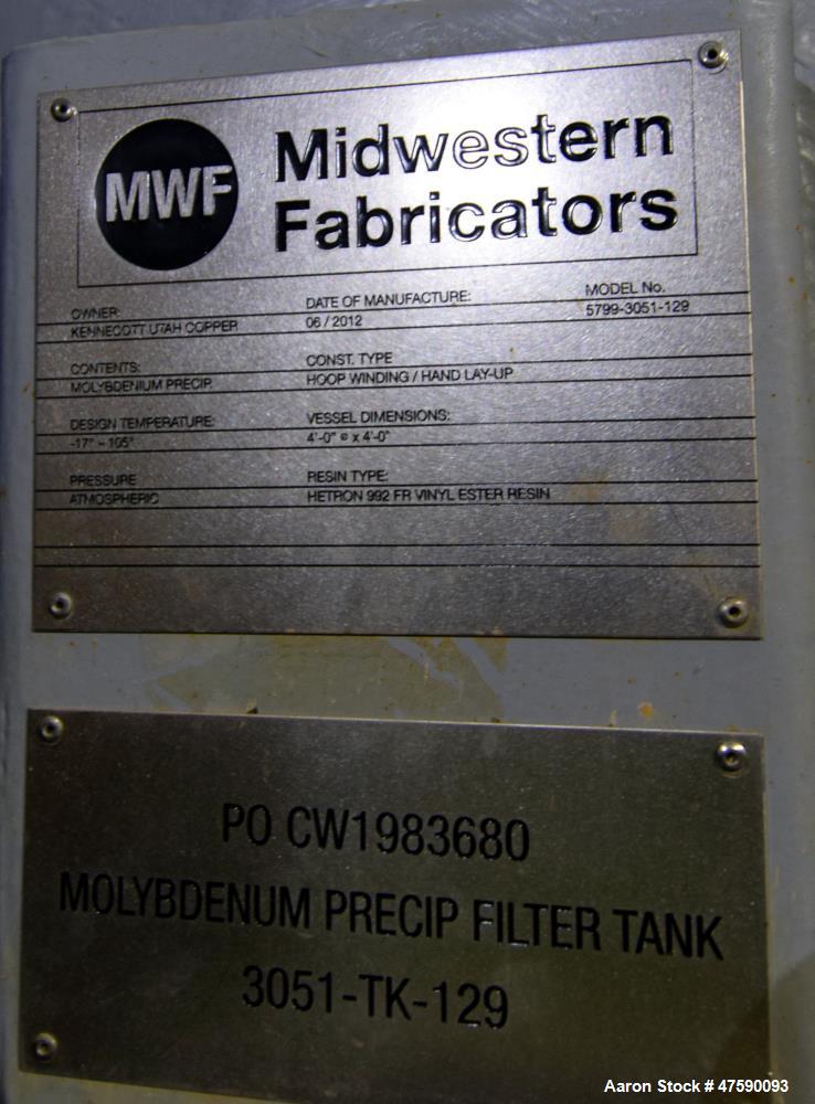 Unused- MWF Midwestern Fabricators Tank, 375 Gallon, Hetron 992 FR Vinyl Ester Resin, Vertical. 48” Diameter x 48” straight side, flat top & bottom. Serial# 5799-B35, built 2012.