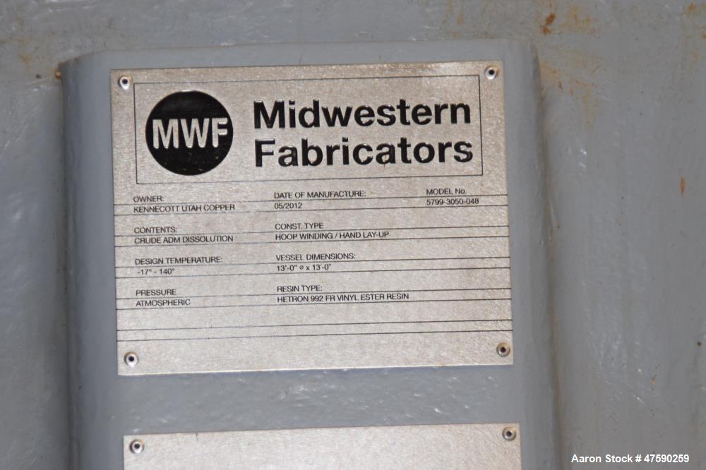 Unused- MWF Midwestern Fabricators Tank, 12,000 Gallon, Hetron 992 FR Vinyl Ester Resin, Vertical. 156” Diameter x 156” straight side, flat top & bottom. Serial# 5799-B25, built 2012.