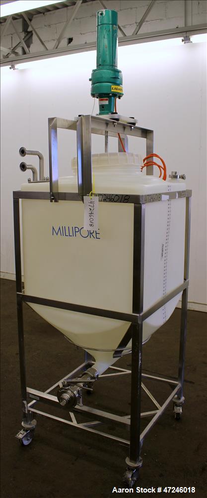 Used Millipore Plastic Mix Tank, Approximate 110 Gallon, Vertical.