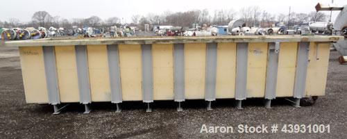 Used Plastic Rectangular Tank, Approximately 2800 Gallons.  58-1/4" Wide x 238" long x 46-3/4" deep.  Open top, no cover.  3" End bottom outlet.  Mounted on a carbon steel frame.