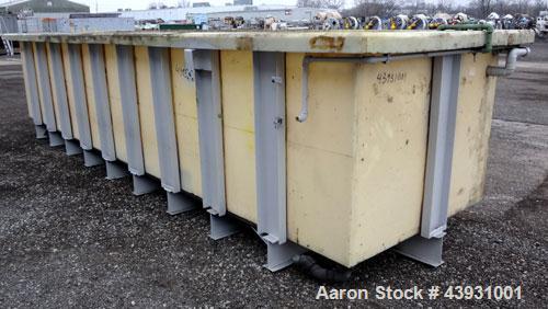 Used Plastic Rectangular Tank, Approximately 2800 Gallons.  58-1/4" Wide x 238" long x 46-3/4" deep.  Open top, no cover.  3" End bottom outlet.  Mounted on a carbon steel frame.
