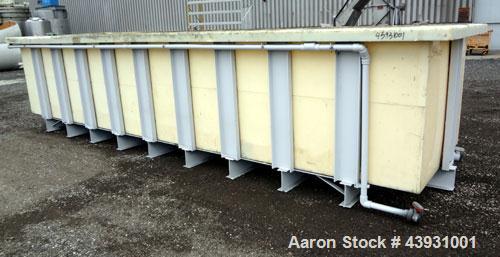 Used Plastic Rectangular Tank, Approximately 2800 Gallons.  58-1/4" Wide x 238" long x 46-3/4" deep.  Open top, no cover.  3" End bottom outlet.  Mounted on a carbon steel frame.