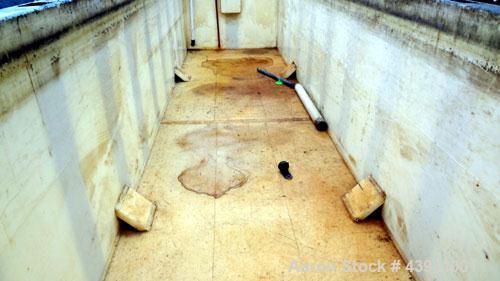 Used Plastic Rectangular Tank, Approximately 2800 Gallons.  58-1/4" Wide x 238" long x 46-3/4" deep.  Open top, no cover.  3" End bottom outlet.  Mounted on a carbon steel frame.