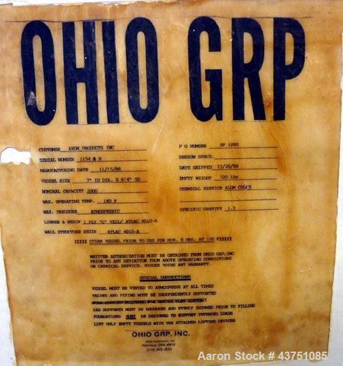 Used Ohio GRP Fiberglass Storage Tank, 2000 Gallons, Vertical. Approximately 84" diameter x 76" straight side, dished top and bottom. Liner and resin 1 ply "C" veil/ Atlac 4010-A. 1.3 Specific gravit...