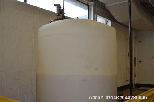 Used Poly Processing Company Vertical Poly Storage Tank, 1,100 Gallon. (3) 4” Diameter Side Bottom Inlets and Outlets, approximate 18” diameter top covered man way.