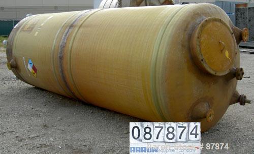 USED: Viatec tank, 3421 gallon, fiberglass, vertical. 72" diameter X 14' straight side, dished top and bottom. Internal rated atmos at 150 deg F. Top manway, center bottom outlet. Mounted on 6 legs. ...