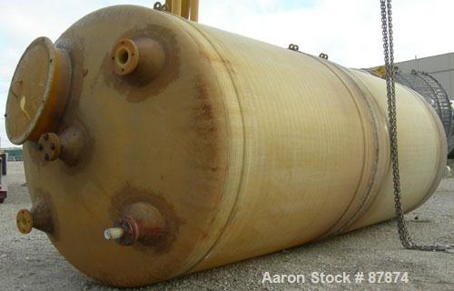 USED: Viatec tank, 3421 gallon, fiberglass, vertical. 72" diameter X 14' straight side, dished top and bottom. Internal rated atmos at 150 deg F. Top manway, center bottom outlet. Mounted on 6 legs. ...