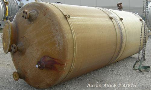 USED: Viatec tank, 3421 gallon, fiberglass, vertical. 72" diameter X 14' straight side, dished top and bottom. Internal rated atmos at 150 deg F. Top manway, center bottom outlet. Mounted on 6 legs. ...