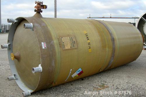USED: Viatec tank, 3421 gallon, fiberglass, vertical. 72" diameter X 14' straight side, dished top and bottom. Internal rated atmos at 150 deg F. Top manway, center bottom outlet. Mounted on 6 legs. ...
