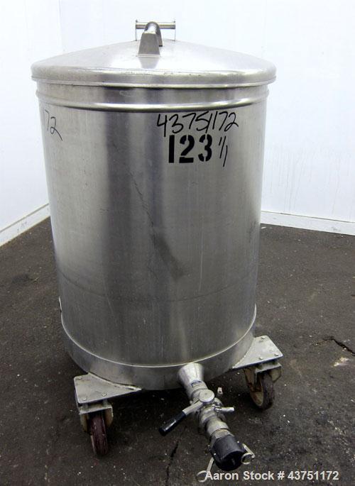 Used Tank, 100 Gallon, 304 Stainless Steel, Vertical.  Approximately 31" diameter x 38" straight side.  Open top with a 1 piece cover, 1" sloped bottom.  2-1/4" Side bottom outlet.  Skirt mounted wit...