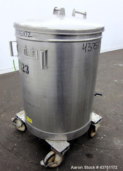 Used Tank, 100 Gallon, 304 Stainless Steel, Vertical.  Approximately 31" diameter x 38" straight side.  Open top with a 1 piece cover, 1" sloped bottom.  2-1/4" Side bottom outlet.  Skirt mounted wit...